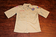 Boy Scouts of America BSA Youth Shirt Tan Small Sewn Patches Short Sleeve