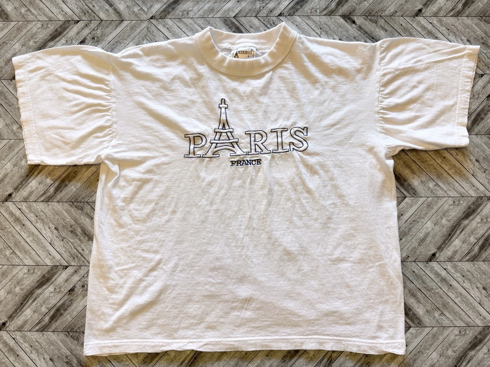 VTG Paris T-Shirt Mens Large White Eiffel Tower Boxy Streetwear Y2K Embroidered