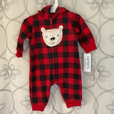 Carters Infant Boys Plush Red Buffalo Plaid Polar Bear Sleeper Pajama 6 Months