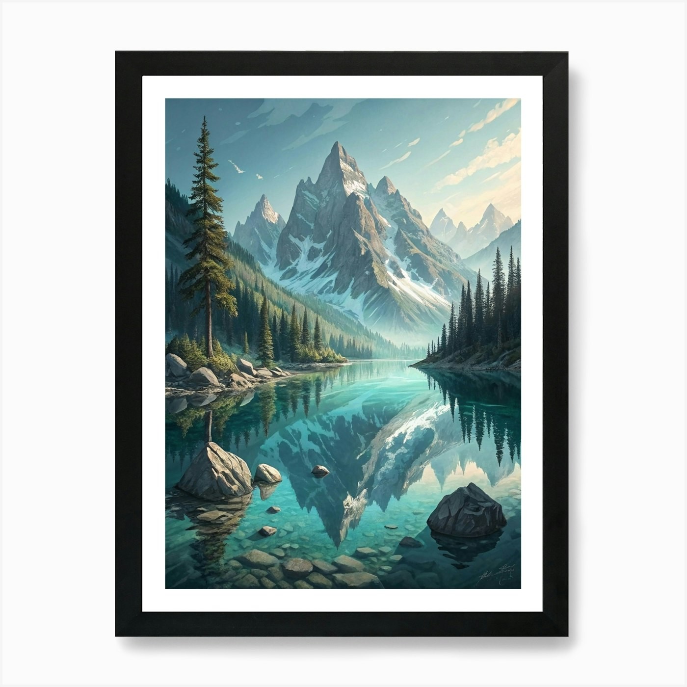 Crystal Clear Mountain Lake Reflect Framed Wall Art Poster Canvas Print Picture