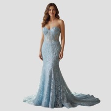 [616] Aqua Dreamy Lace Mermaid Gown: Make Waves with Elegance!