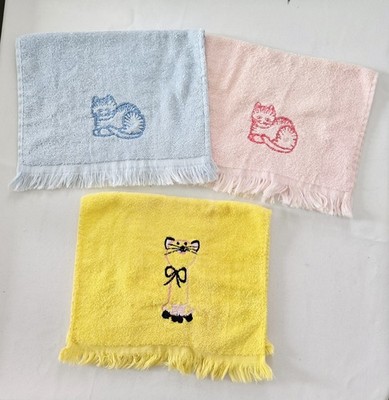 3 Vtg Guest Towels, 2 Dandee, 1 Canon, Embroidered Cat Design