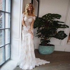 Off Shoulder Lace Wedding Dresses Appliques Bride Gowns with Removable Train