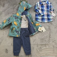 Little Me Dino 3-Piece Set (Hooded Jacket Joggers Shirt) & Plaid Shirt 12Mo. NWT