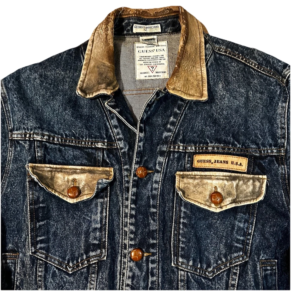 Guess Jeans Denim Leather Jacket Made In USA Size Medium Georges Marciano 80s - Image 3 of 4