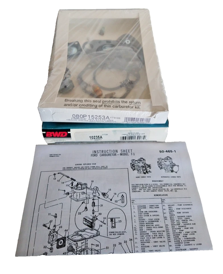 Ремонтный комплект карбюратора для Ford 1 барр. Карбюратор. Комплект карбюратора BWD 10235A (сделано в США) - Изображение 3 из 4