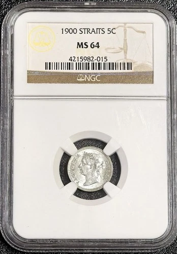 1900 Straits Settlement Queen Victoria 5 Cents - NGC MS64 (Rare)