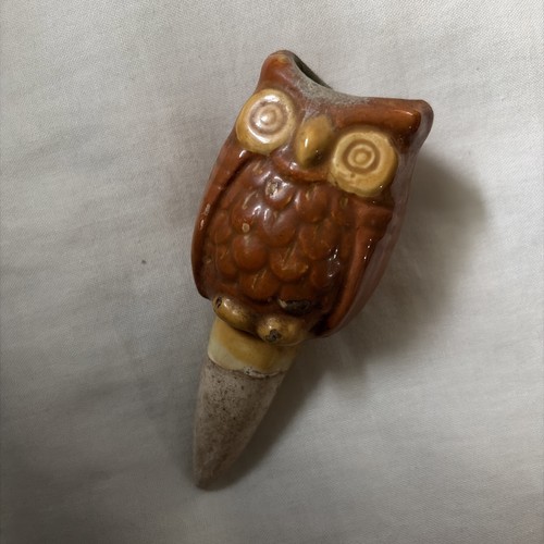 Ceramic Vintage Owl Plant Water Spike Feeder Glazed, Yellow & Brown Used