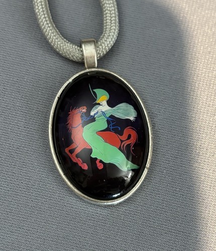Lady Riding Horse Glass Pendant with light gray cord Necklace - Picture 2 of 4