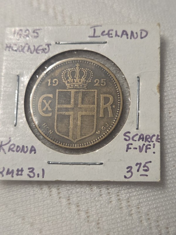 1925 Iceland 1 Krona Coin KM# 3.1 - Low Mintage - King Christian X - Scarce...