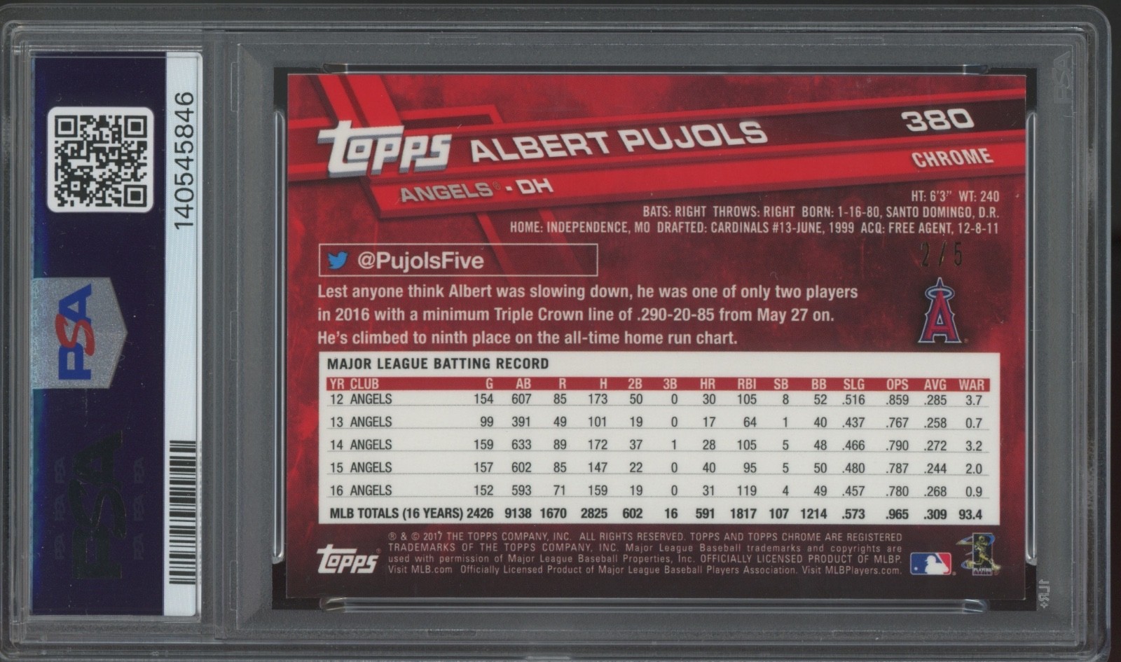 2017 Topps Chrome Gold Sapphire #380 Albert Pujols /5 Gem Mint PSA 10 view 2