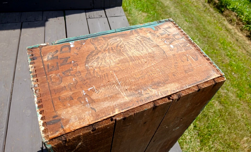 Antiguo gabinete de pared colgante años 1890 pintura turquesa original marca tigre caja de almidón Foto 3 de 4