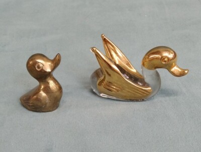 Vintage San Pacific International Miniature Crystal And Brass Duck plus one