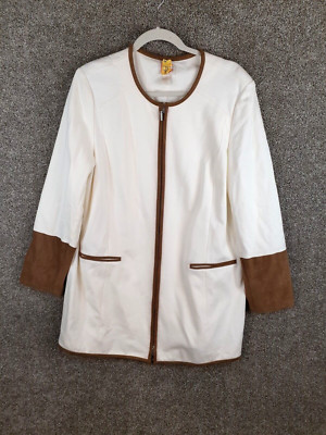 Chico s Long Ponte Knit Suede Cuff Blazer Jacker Womens 2 Beige Brown Full Zip