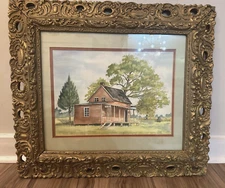 VTG Watercolor Painting Ornate Gold Frame Red Barn Signed Nancy Joiner Cottage