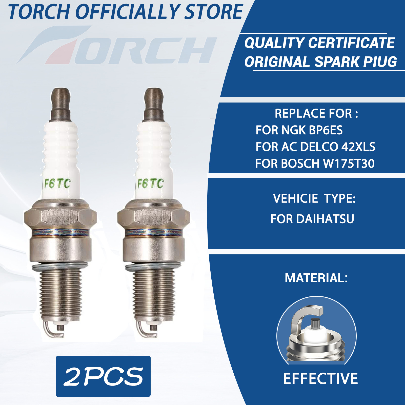 2x Torch F6TC Spark Plug for NGK BP6ES for W175T30 for Daihatsu 90048-51034-000