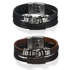 Punk Multilayer Men's Skull Head Braided Leather Cuff Bangle Bracelet Halloween