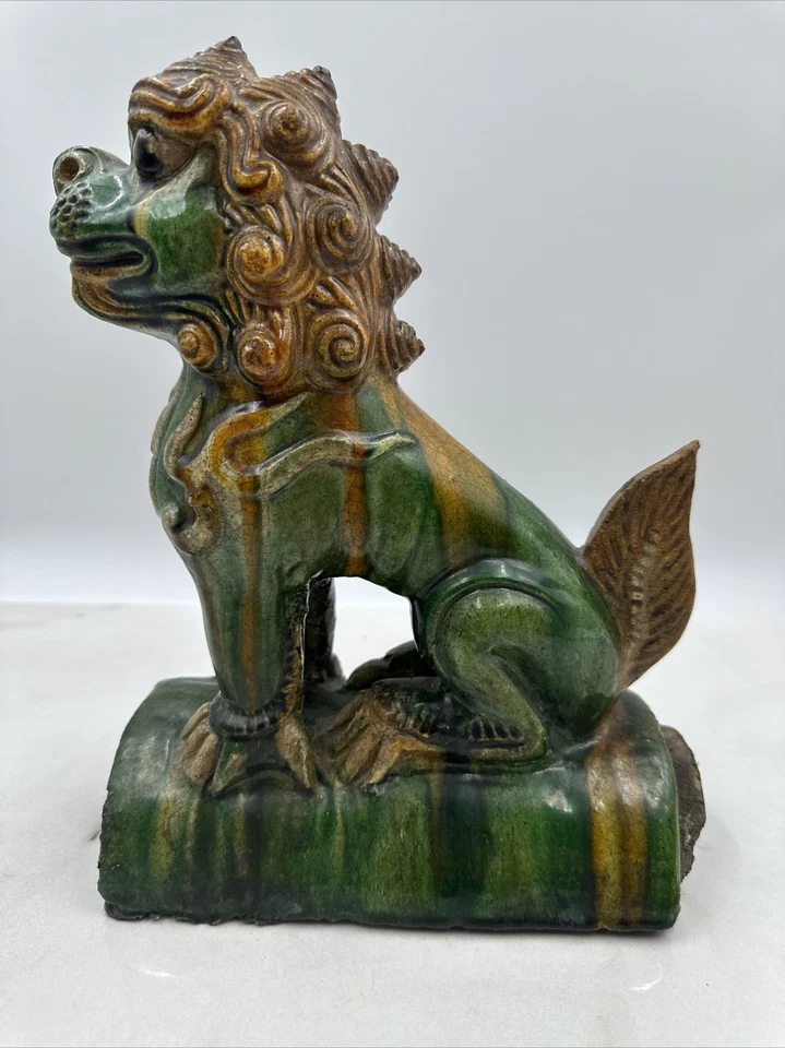 Teja china vintage Lion Foo Dog 10x8" verde Sancai esmaltada terracota Foto 2 de 4