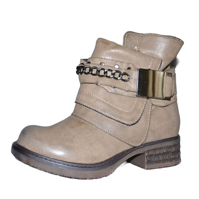 DAMENSCHUHE BIKER BOOTS STIEFELETTEN MIT NIETEN SCHNALLEN GEFÜTTERT GRAU
