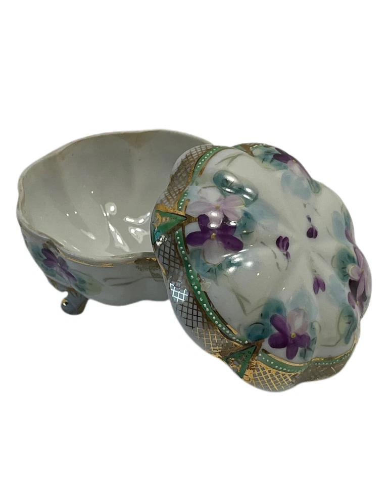 VTG Hand Painted Moriage Trim Purple Floral Footed Trinket Dish w/Lid - Image 3 of 4