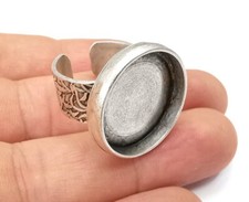 Round Antique Silver Ring Blank Setting, Cabochon Mounting Adjustable Resin Ring