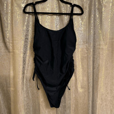 Womens Solid Black Ruched High Cut Side Tie One Piece Swimsuit XL NWOT