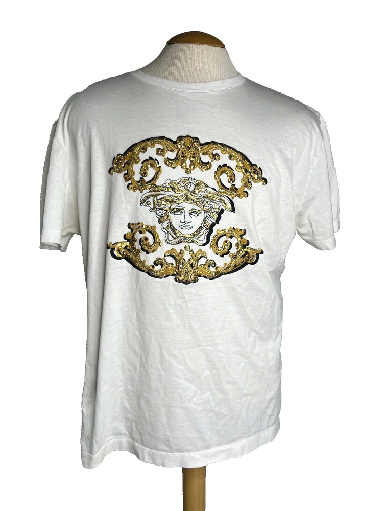 Versace Men’s 3XL Gold Embroidered and Studded Medusa Head White T-Shirt RUNS SM