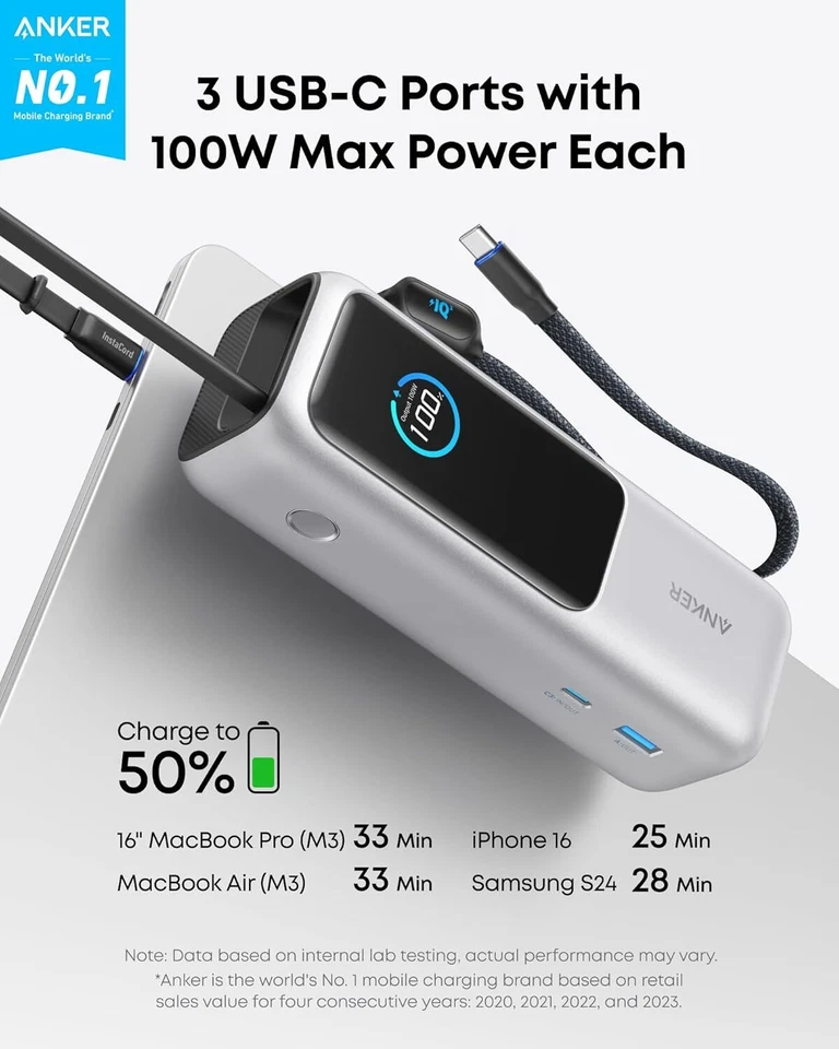 Banco de alimentación portátil Anker 25000 mAh cargador portátil 100 W USB-C cable incorporado Foto 2 de 4