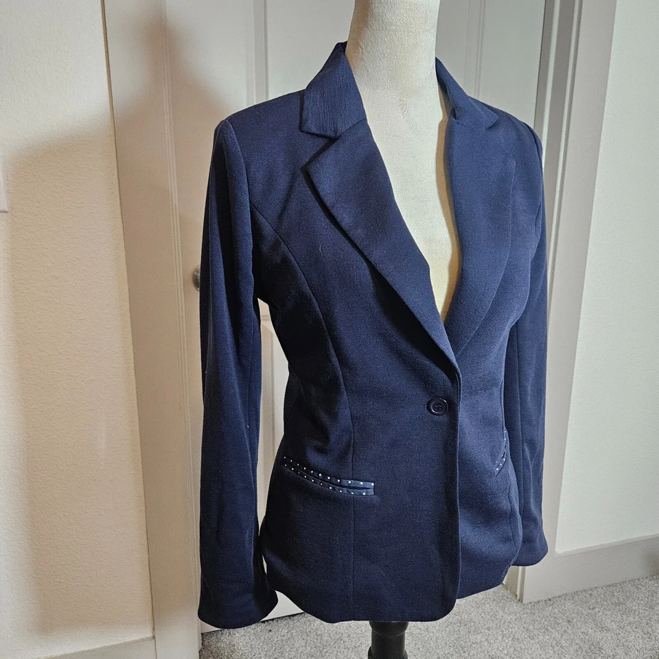 41 Hawthorn Blazer Suit Women Small Polka Dot Elbow Trim Patch Stretch Navy Blue - Image 2 of 4