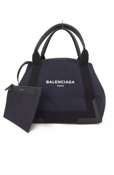 BALENCIAGA Navy Cabas S Hand Bag Leather and Canvas