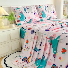 MWMWMW Unicorn Kids Full Size Bed Sheet, 4 Pieces Kids Rainbow Printed Microfibe