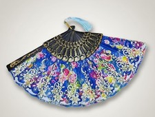 Vintage Floral Lace Folding Fan   1970s Fabric  Plastic   Elegant Display Piece