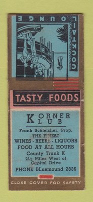 Matchbook Cover - Korner Klub BOBTAIL