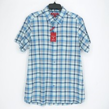Cremieux Men's Short-Sleeve Shirt L SLIM FIT Blue White Check 100 Cotton NWT
