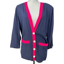 Vintage Liz Claiborne Womens Size M L Navy Blue Pink Button Front Blazer Pockets