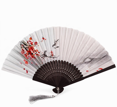 Vintage Faltfächer aus Bambus und chinesischer japanischer Seide Damen Grau