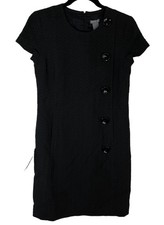 Ann Taylor dress zip up buttons extra button cotton solid black size 2 new READ