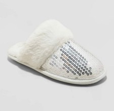 Women's Rae Sequin House Scuff Slippers Silver - Auden - SIZE M 7-8