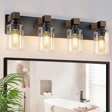 Farmhouse Bathroom Vanity Light Fixtures, Rustic Wood 4-Light Black and Wood