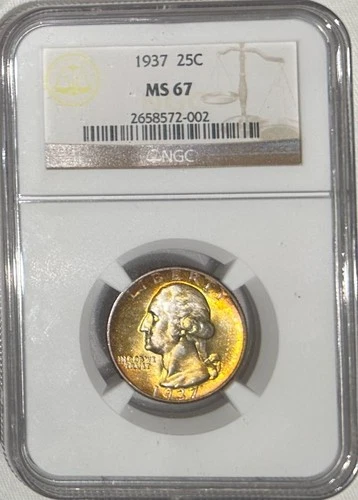 1937 Washington Quarter 25C MS67 NGC, Awesome Toning!!