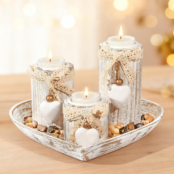Holz Teelichthalter Set Herzform Tablett KerzenstäNder Deko Hochzeit 3 Teilig-image