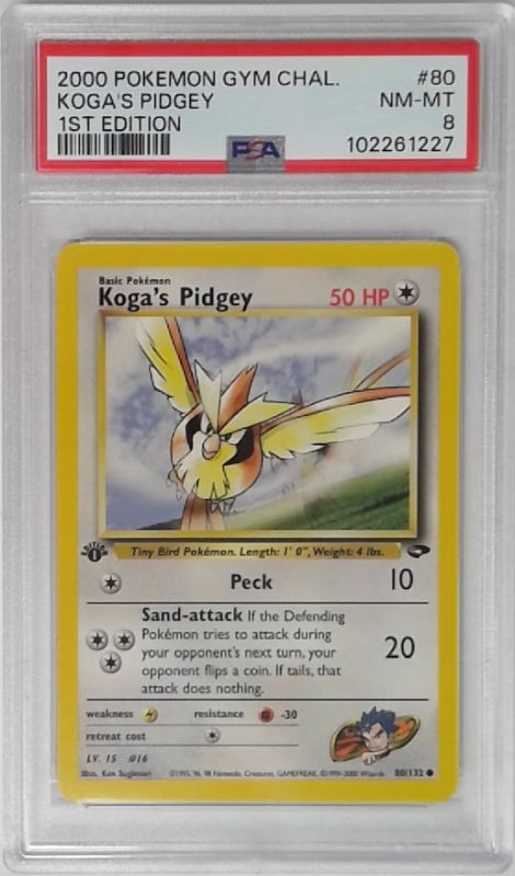 1x V1734: 2000: Koga's Pidgey: 80/132: 1ST Edition: Gym Challenge: PSA: 8: NM-M