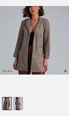 Windsor Plaid Long Blazer in Tan & Brown w/ Faux Pockets. 30  length. 3/4 sleeve