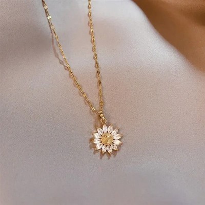 1pc Sunflower Pendant Necklace, Charm Flower Copper Micro-Inlaid Zirconia