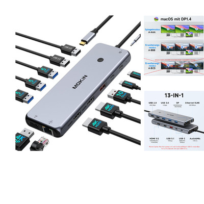 USB C Dockingstation 13 in 1 Triple Display Dock mit 2 HDMI 1 DP 1