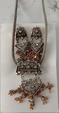 Costume Necklace & Dangle Earrings 12" Chain Orange Glass Beads Filigree Boho 1a