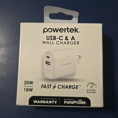 #ad New Powertek Dual Port Wall Charger: USB C 20W PD and USB A 18W $10.50