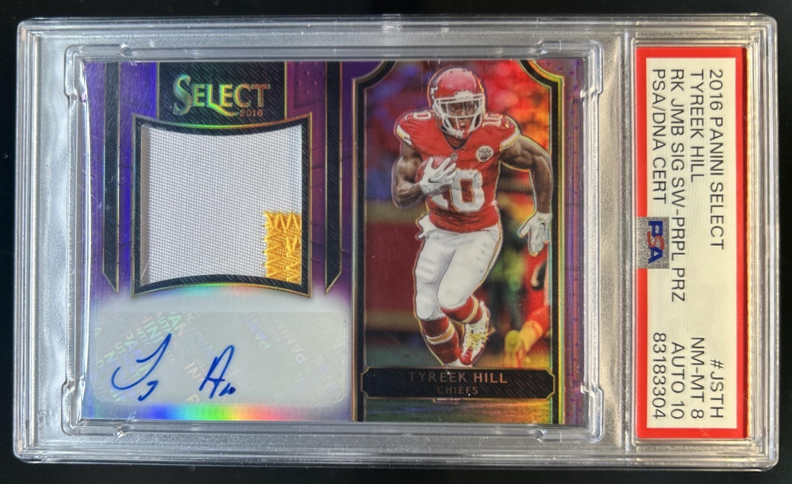 2016 Select Tyreek Hill Rookie Jumbo Signature Patch Purple Auto #/60 PSA 8