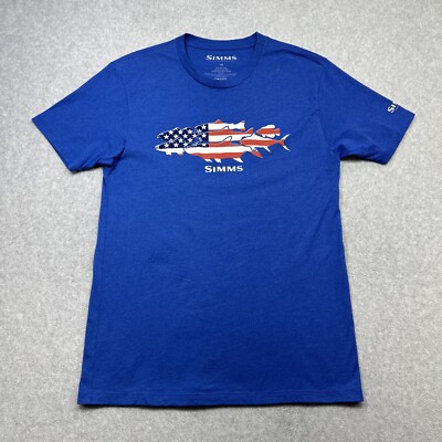 Simms T Shirt Medium Blue Fish Flag Graphic Print Angler Summer Outdoor  Wear