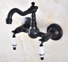 Oil Rubbed Bronze Bathroom Basin Sink Faucet Dual Handles Mixer Tap Wall Mount